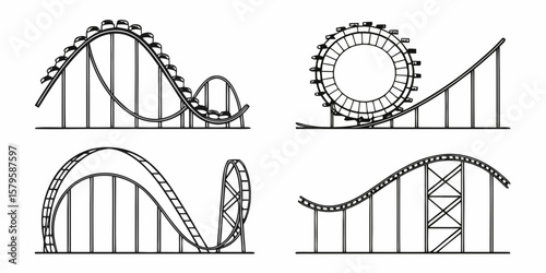 Collection of four roller coaster silhouettes featuring loops and drops isolated on white background