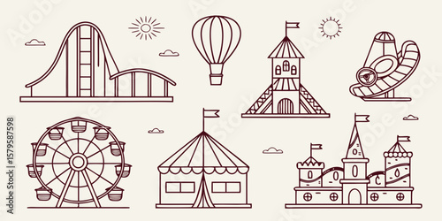 Collection of amusement park attractions and rides in a simple line drawing silhouette style isolated on white background