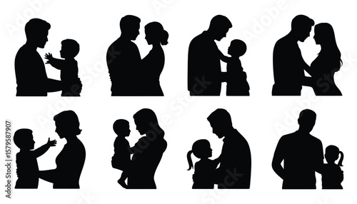 Collection of silhouettes showing parents and children in loving embraces and interactions.