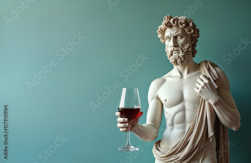 Marble sculpture of a muscular man holding a glass of red wine. The classic statue features detailed abs and a beard, draped in fabric, with a plain background providing ample copy space.