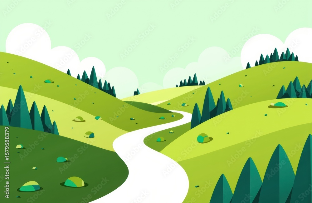 Fototapeta premium A peaceful cartoon landscape featuring rolling green hills and a winding white path