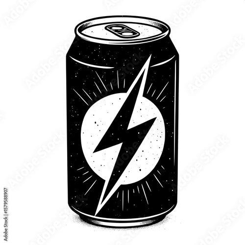 A black soda can silhouette with a lightning bolt symbol cut out from the center. The design remains bold and minimal, with no shading or background.
