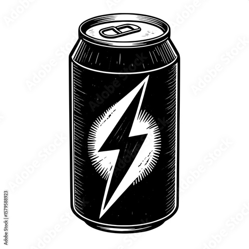 A black soda can silhouette with a lightning bolt symbol cut out from the center. The design remains bold and minimal, with no shading or background.
