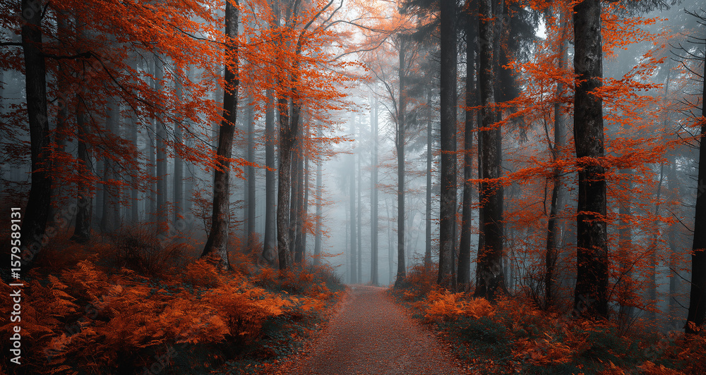 Obraz premium A mystical forest with fog, autumn leaves, and trees in shades of teal blue ,orange and red, forest, tree, fog, autumn, nature, trees,