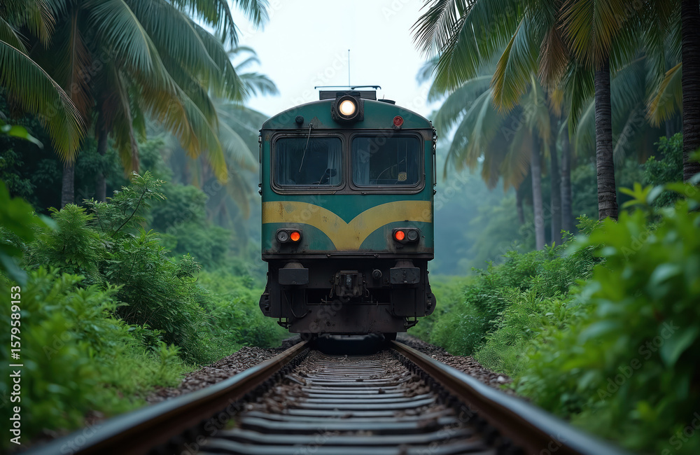 Naklejka premium Green and yellow passenger train approaches on tracks through rich jungle vegetation in Sri Lanka. Palm trees line the railway path creating a tropical atmosphere for travel and adventure.