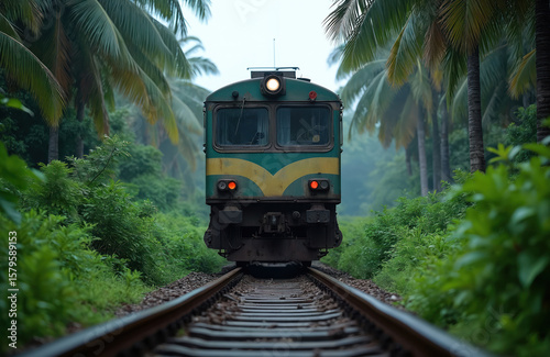 Fototapeta Naklejka Na Ścianę i Meble -  Green and yellow passenger train approaches on tracks through rich jungle vegetation in Sri Lanka. Palm trees line the railway path creating a tropical atmosphere for travel and adventure.