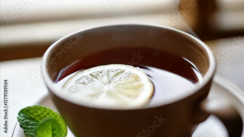 Close-up shot of a steaming cup of hot black tea with a lemon slice and fresh mint on a rustic wooden table
