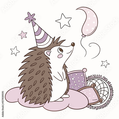 Cute Curious Hedgehog quill, accessorized with wearing a party hat, in a Fantasy dream world – Dreamland palette vector