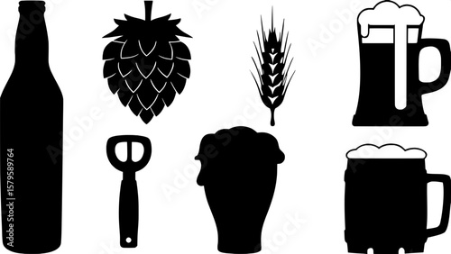 A monochrome icon pack focused on beer ingredients and serving, including detailed outlines of a hops bundle, barley ear, bubbling beer glass, bottle opener, pouring pitcher, and pub signage, all desi