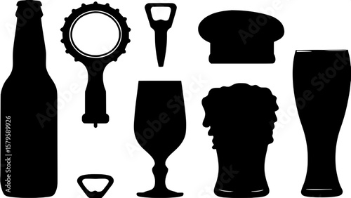 Black and white flat icons of beer and bar tools, such as a bottle opener, cap, bar tap, serving tray, and draft beer glass, styled in a clean, simple silhouette format with sharp edges and uniform sp