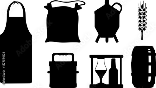 Craft beer production icon set in black silhouettes, featuring brewer’s apron, sack of malt, yeast packet, chilling coil, brew timer, and a labeled beer bottle, all laid out in a neatly spaced grid on