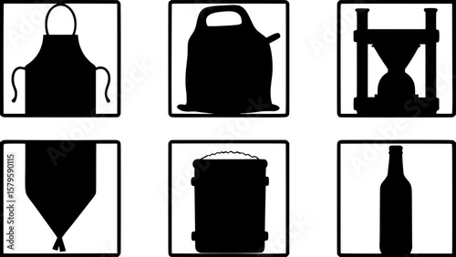 Craft beer production icon set in black silhouettes, featuring brewer’s apron, sack of malt, yeast packet, chilling coil, brew timer, and a labeled beer bottle, all laid out in a neatly spaced grid on