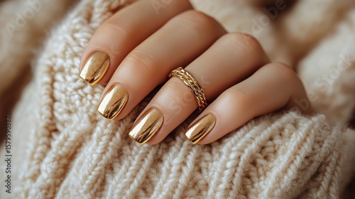 Elegant Gold Nail Design on Cozy Knitted Sweater During Winter Season.