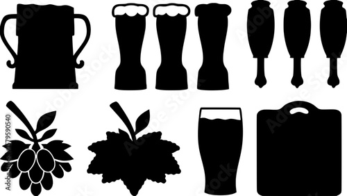 A minimalistic icon set of beer culture symbols in silhouette style, including cheers clinking mugs, a beer flight board, tap handles, frothy glass, hop flowers, and a brewery logo stamp, arranged eve