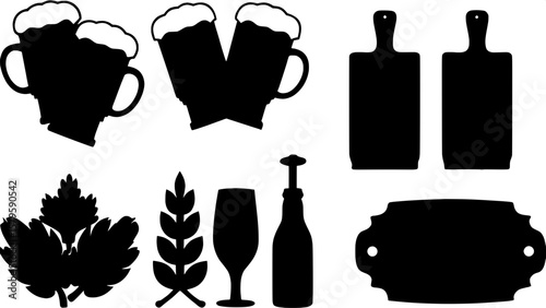 A minimalistic icon set of beer culture symbols in silhouette style, including cheers clinking mugs, a beer flight board, tap handles, frothy glass, hop flowers, and a brewery logo stamp, arranged eve