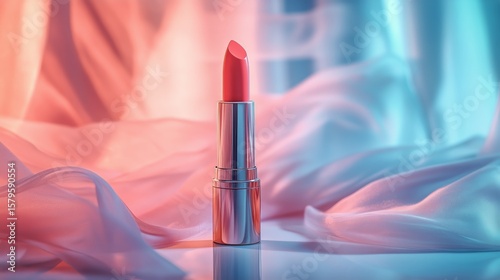 Vibrant Lipstick on a Reflective Surface Surrounded by Soft Fabric at Dusk