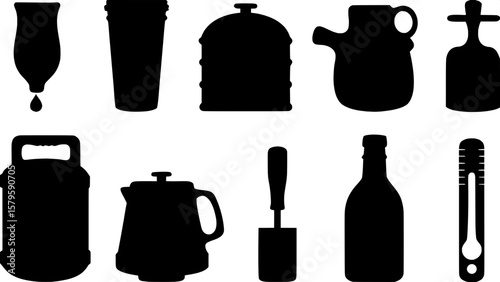 Grid of black silhouette brewing-themed icons, featuring a combination of craft beer elements like a growler, homebrew kit, beer tap handle, measuring jug, and thermometer. The icons have consistent s