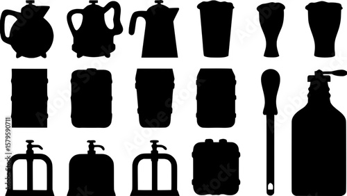 Grid of black silhouette brewing-themed icons, featuring a combination of craft beer elements like a growler, homebrew kit, beer tap handle, measuring jug, and thermometer. The icons have consistent s