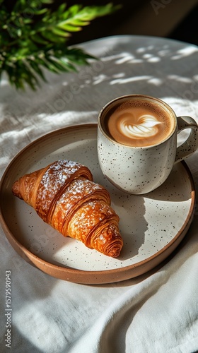 Delicious Croissant and Latte on a Rustic Table in a Cozy Cafe Setting During...
