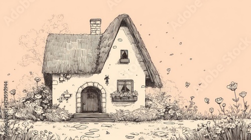 Cottage illustration with detailed landscaping