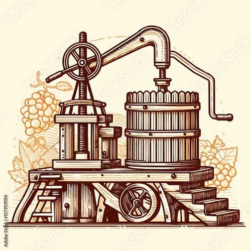 Traditional grape press in vineyard, rustic mood, winemaking illustration in line art style
