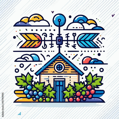 Charming house with weather vane and grapevines, picturesque mood, illustration in colorful style