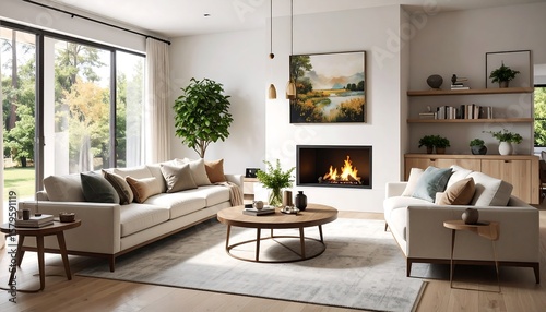 Modern living room with fireplace and patio views