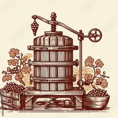 Vintage grape press with grapes, rustic mood, winemaking illustration in line art style