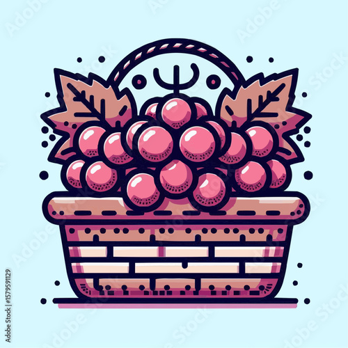 Basket of fresh grapes, cheerful mood, fruit illustration in colorful style