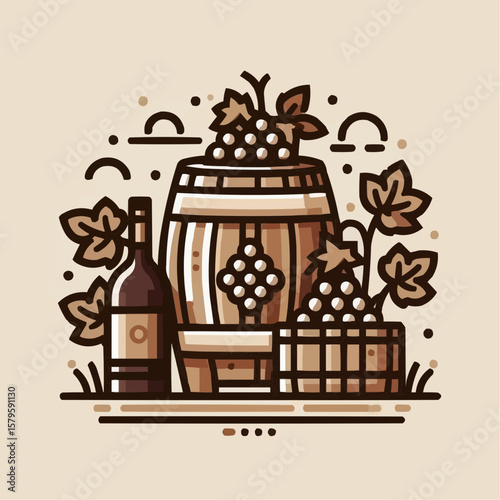 Wine barrel with grapes and bottle, rustic mood, winemaking illustration in line art style