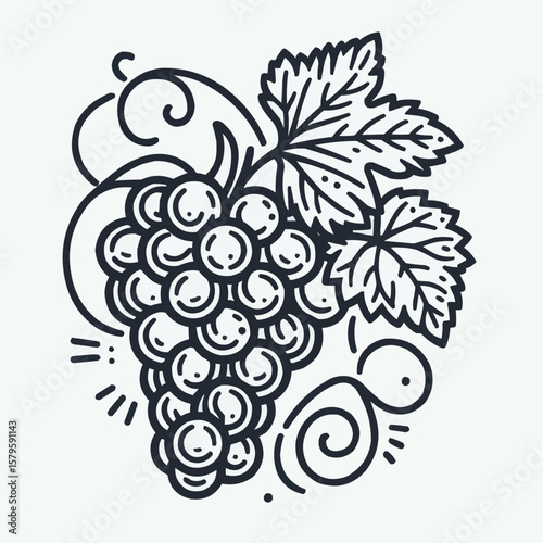 Bunch of grapes with leaves, vibrant mood, fruit illustration in line art style