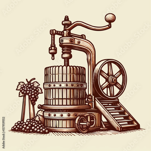 Vintage grape press and harvest, rustic mood, winemaking illustration in line art style
