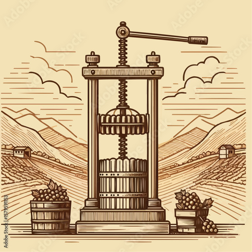 Traditional grape press in vineyard, rustic mood, winemaking illustration in line art style
