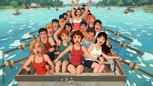 Animated illustration of a rowing team paddling in perfect synchronization during a boat race, showcasing teamwork, strength, and energy on the water.