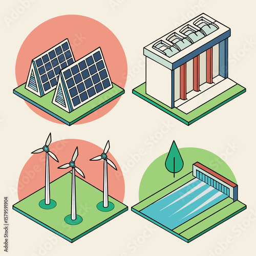 Renewable energy sources in flat design with solar, wind, hydro  