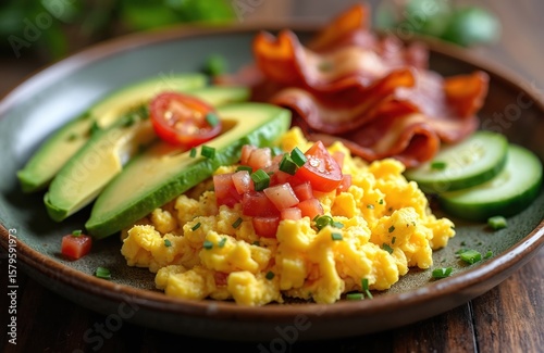 Keto scrambled eggs with avocado slices and bacon on rustic plate. A balanced, low carb meal for healthy breakfast or brunch, featuring protein, fresh ingredients for energy and indulgence.