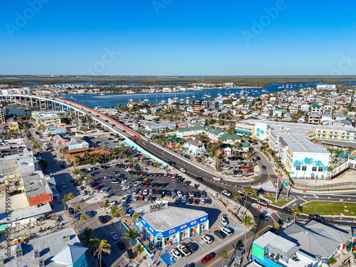 Matanzas Pass Bridge leading into downtown Fort Myers Beach on Estero Island, southwest Florida in Lee County