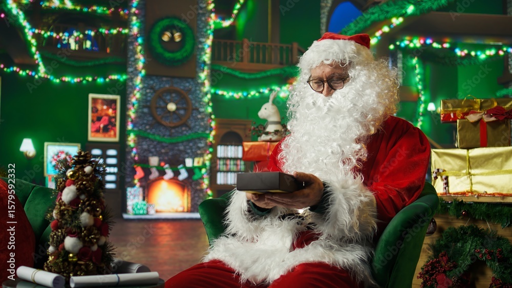 Fototapeta premium Friendly Santa Claus performer preparing to spread holiday cheer during Christmas Eve, sending gifts. Elderly man creating merry atmosphere for kids, finishing presents, camera A close up