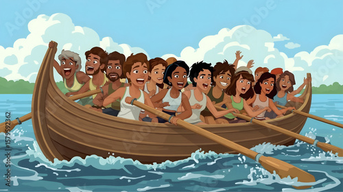 A vibrant animated illustration showing a lively team of young rowers paddling together in a traditional wooden boat on the lake, full of energy, unity, and enthusiasm during a rowing competition.