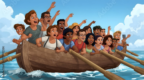 A vibrant animated illustration showing a lively team of young rowers paddling together in a traditional wooden boat on the lake, full of energy, unity, and enthusiasm during a rowing competition.
