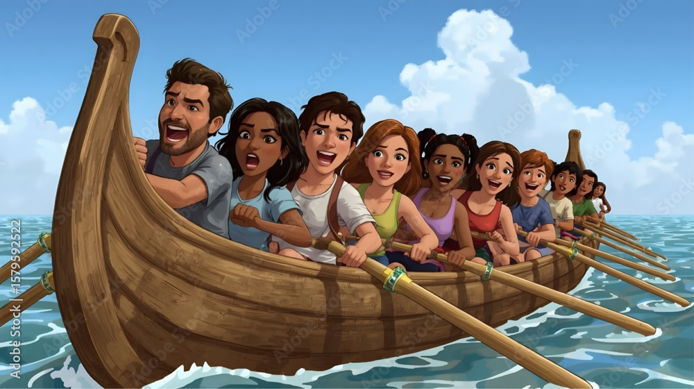 Obraz premium A vibrant animated illustration showing a lively team of young rowers paddling together in a traditional wooden boat on the lake, full of energy, unity, and enthusiasm during a rowing competition.