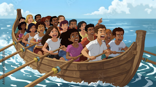 A vibrant animated illustration showing a lively team of young rowers paddling together in a traditional wooden boat on the lake, full of energy, unity, and enthusiasm during a rowing competition.