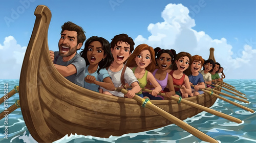A vibrant animated illustration showing a lively team of young rowers paddling together in a traditional wooden boat on the lake, full of energy, unity, and enthusiasm during a rowing competition.