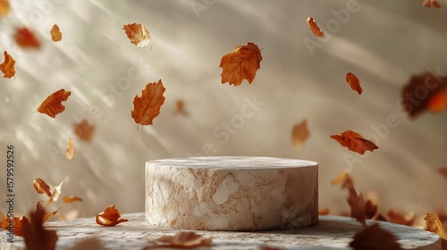 Autumn Leaves Falling Around a Round Marble Display With Soft Light in a Quie...