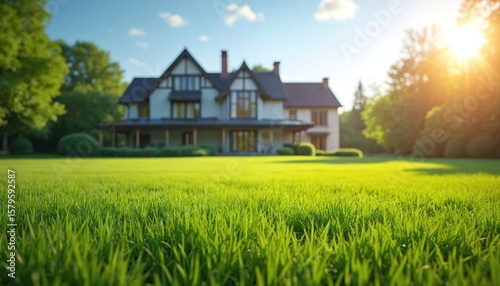 Wallpaper Mural Beautiful large house with spacious green yard under bright sunny sky. Rich grass lawn invites relaxation, outdoor activities. Mature trees, manicured bushes surround property creating serene, Torontodigital.ca