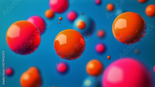 Colorful Abstract Spheres Floating in Space Contrasting With Vibrant Blue Bac...