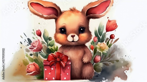 Adorable Rabbit in Sweater Holding Present Surrounded by Pine Branches in Win...
