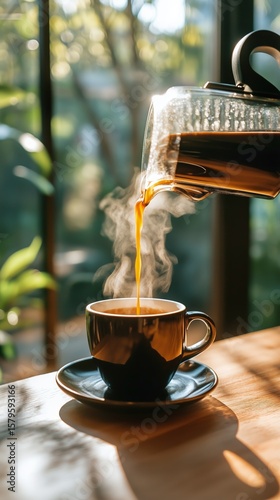 Pouring Hot Coffee Into a Cup With Steam Rising in a Sunlit Cafe