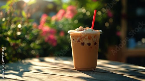 Refreshing Iced Beverage Placed on a Wooden Table in a Sunny Outdoor Setting ...