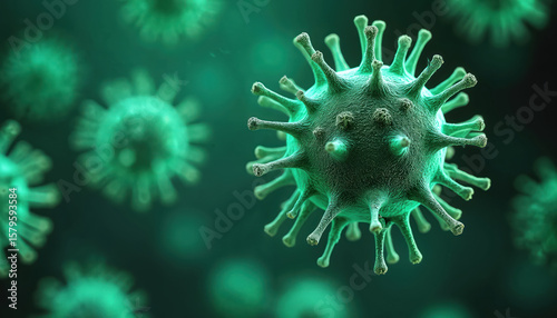 Microscopic view of a green virus particle affecting pig health. This pathogen, impacting swine industry, may cause respiratory issues, fever, diarrhea, weight loss, and mortality.